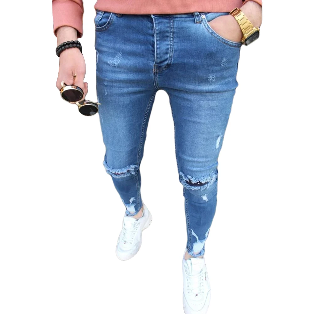 

2020 New Men Jeans Fashion Patch Ripped Pencil Pants Solid Color Denim Slim Elasticity Skinny Trousers Male Long Pants