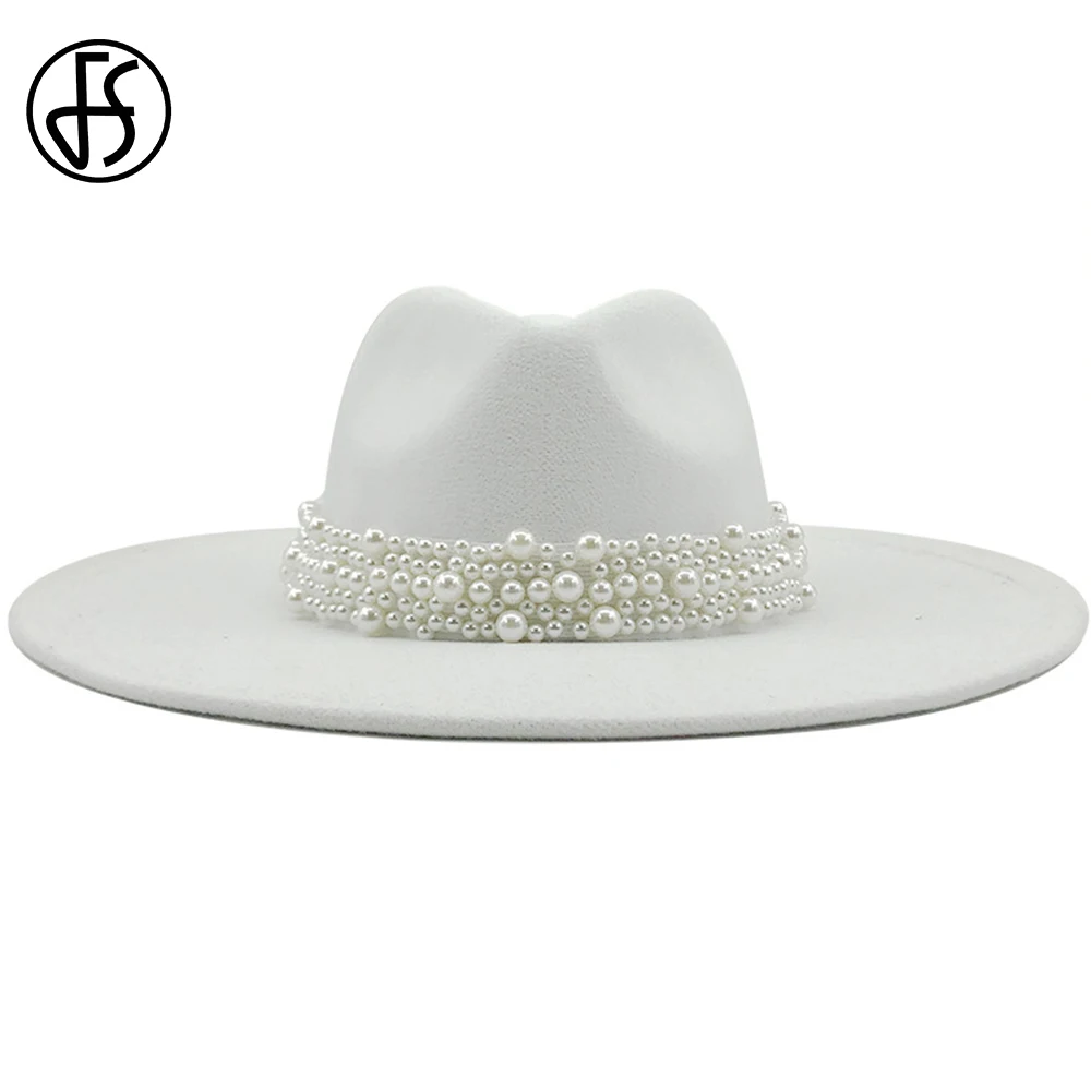 

FS White Pearl Wide Big Brim Wool Fedora Hat Solid Autumn Winter Godfather Church Hats For Women Elegant Vintage Men Panama Cap