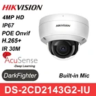 IP-камера Hikvision, 4 МП, DS-2CD2143G2-IU, H.265, POE, антивандальная, с фиксированным куполом, обнаружением лица, SD, встроенным микрофоном, веб-камера, AcuSense IPC