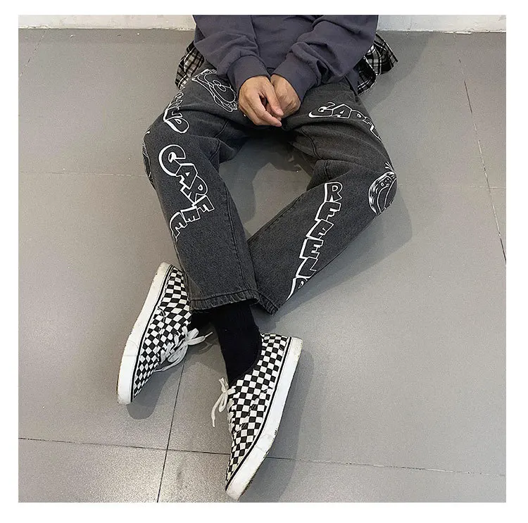 Мужские свободные повседневные брюки с принтом героев мультфильмов, классический стиль, джинсы с накладной карман, мужские байкерские джинсовые брюки, S-2XL