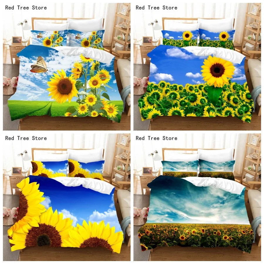 

Комплект постельного белья с цифровым принтом синего неба, подсолнуха, пододеяльник для взрослых и девочек, декор с 1/2 шт., наволочка, односп...