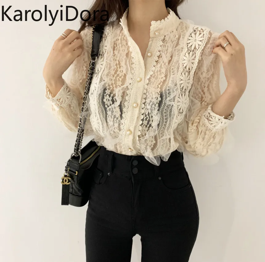 2020 Spring New Arrival Ladies Lace Shirt Hook Flower Long Sleeve Loose Stand Collar Blouse Shirts Women Fashion Crochet Tops