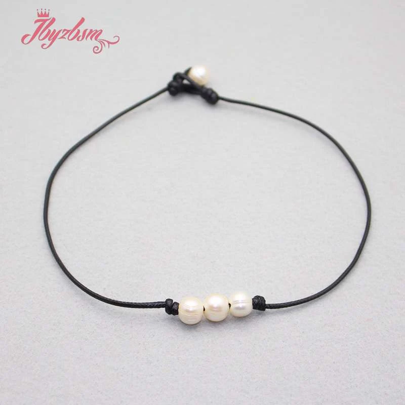 

8-10mm Natural Freshwater Pearl Round Stone Beads Leather Necklace For Women Wedding Christmas Gift Fashion Chokers Necklace 16"