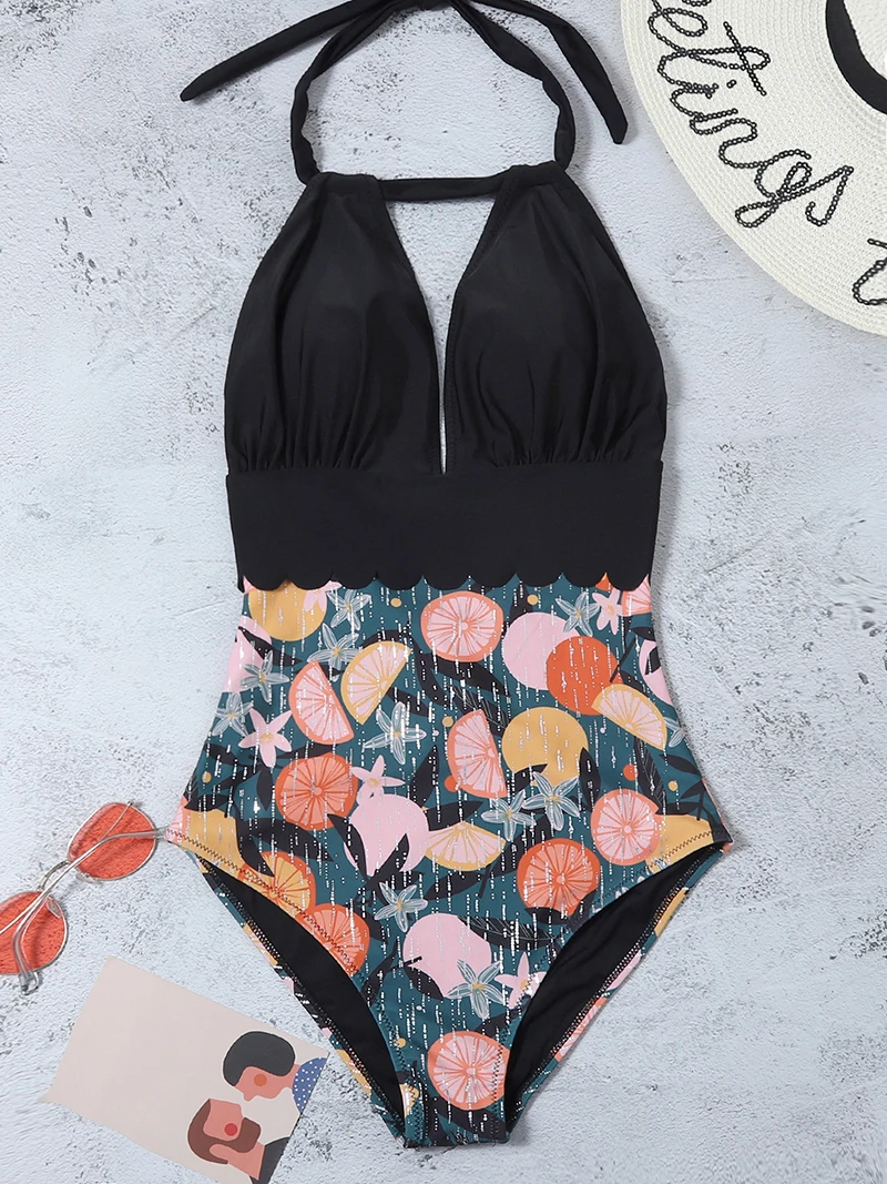 

2021 Vintage Retro Women's Swimwear One Piece Swimsuit V Neck Swim Bodysuits Monokini Bathing Suit Beach Maillot de Bain Femme