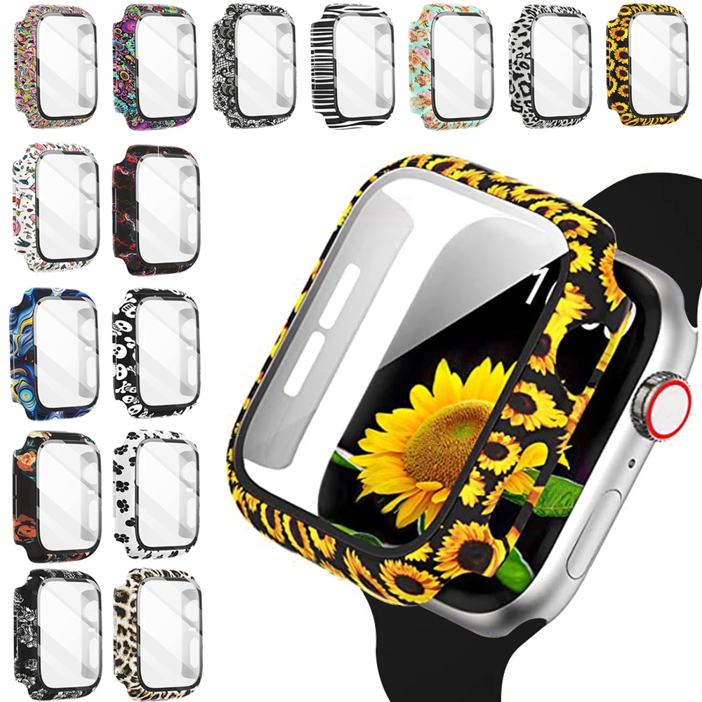 

Glass+Case for Apple Watch Cases 44 40 42 38mm Bumper+Screen Protector for iWatch SE 6 5 4 3 2 1 Fashion Water Transfer Process