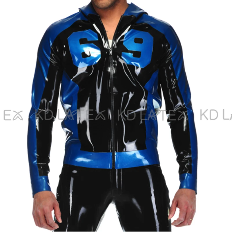 Черный и синий планки сексуальный латексный пиджак с капюшоном молния спереди