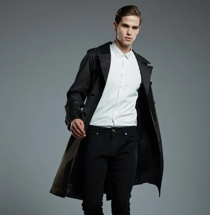 Мужской двубортный тренчкот Спайк! длинная модная одежда цвета хаки черного