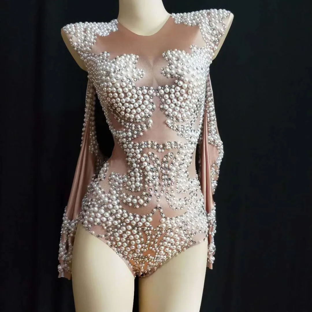 

Glitter Diamonds White Pearls Women Off Shoulder Long Sleeve Bodysuits Pole Dancing Leotard DJ Singer Performance Stage Wear