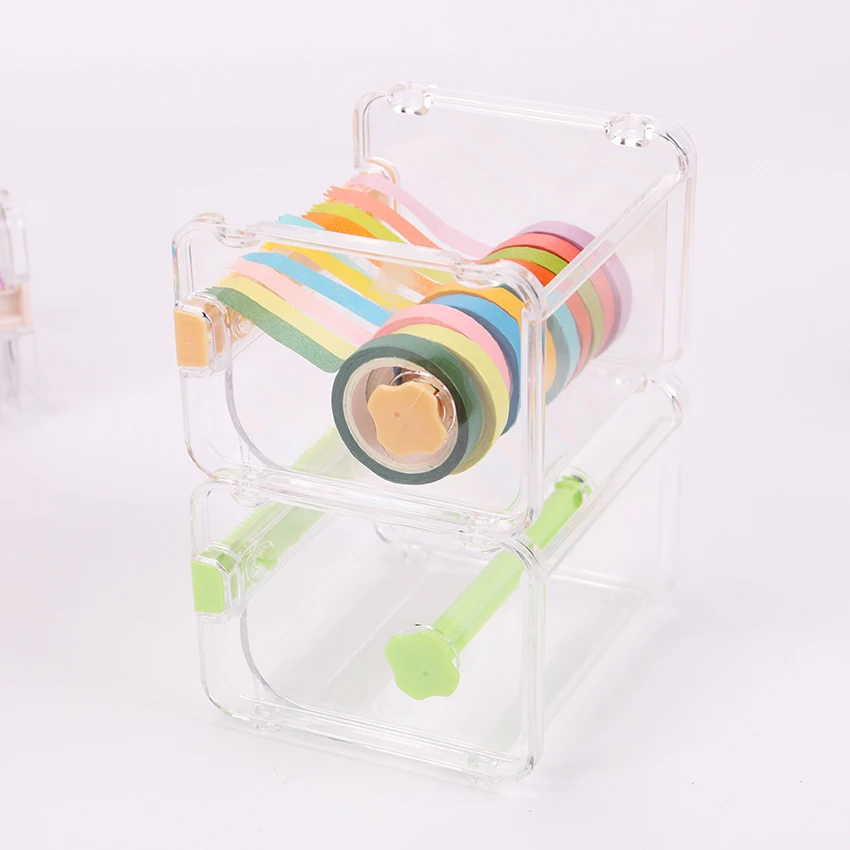 Cute Simple Creative Transparent Adhesive Tape Dispenser Office Desktop Paper Washi Tape Holder With Tape Cutter 1PC