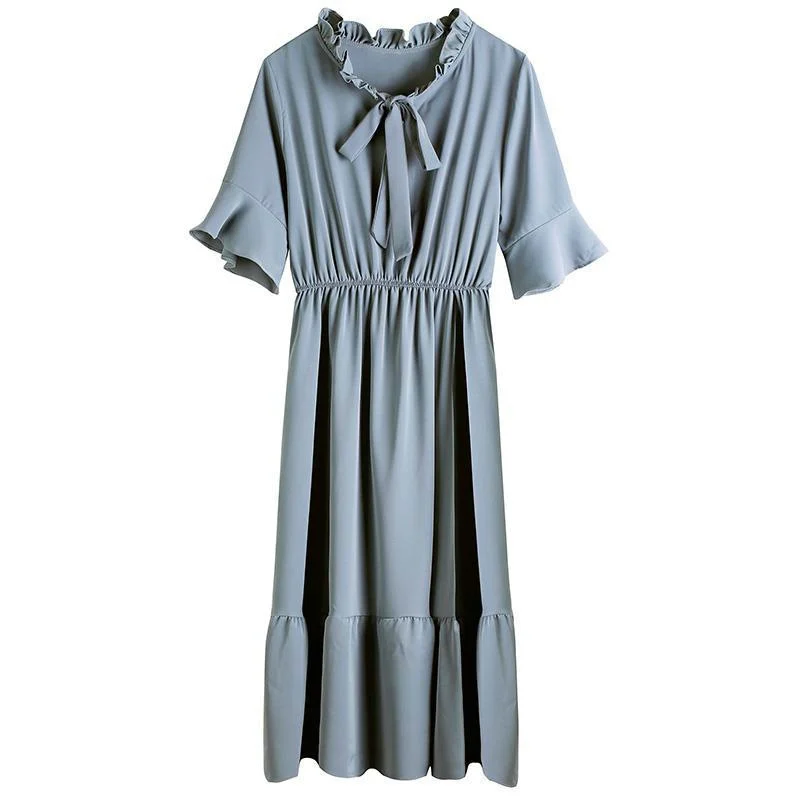 

Summer Vestido Femininity Long Dresses Slim Elegant Bowknot Ruffle Collar High Waist Flare Sleeve Spring Autumn Pure Fairy Dress