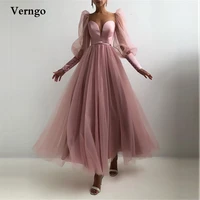 verngo 2021 dusty pinkwhite wedding party dress puff long sleeves sweetheart satin and tulle ankle length formal gowns