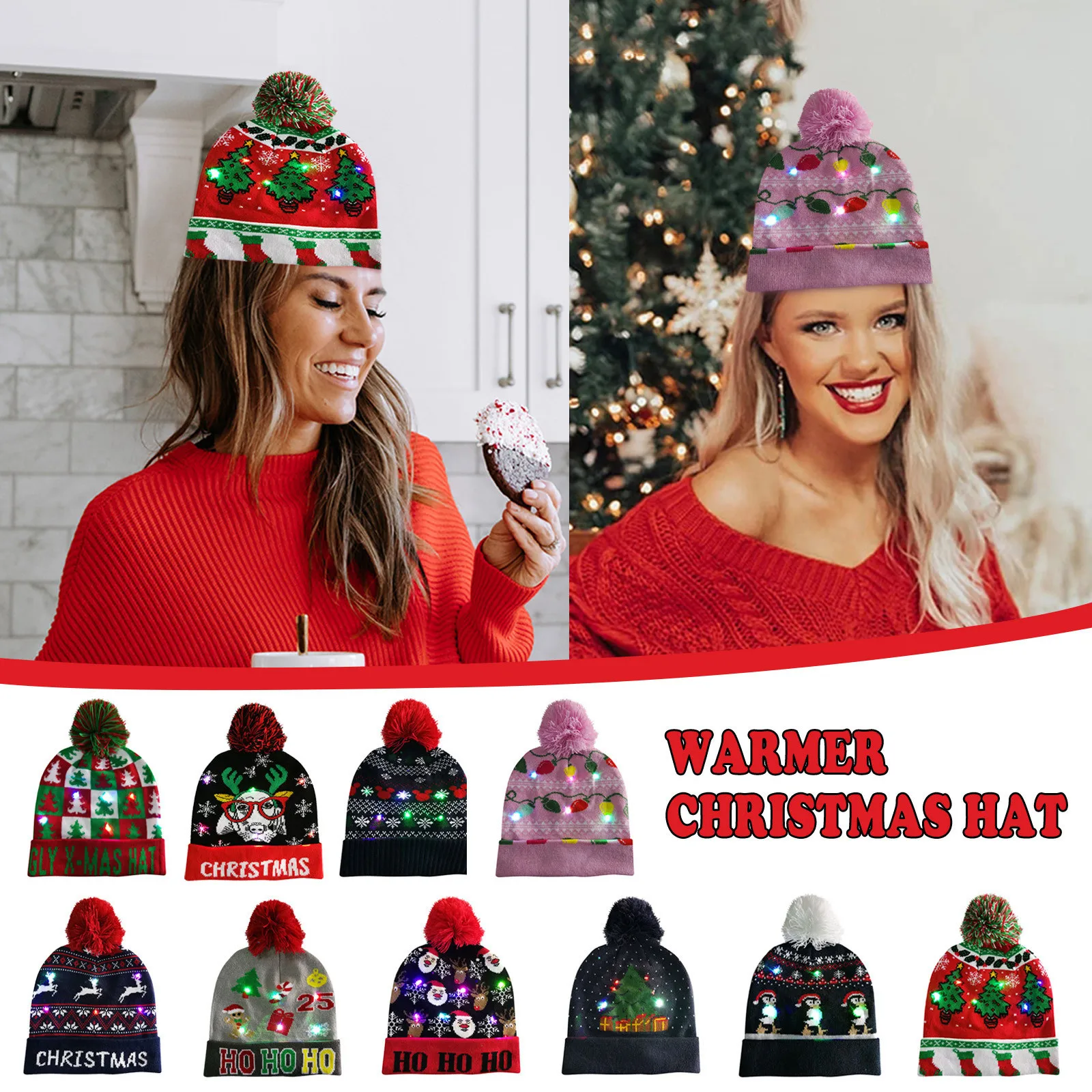 Рождественский вязаный свитер светодиодный шапка светильник до осветить теплая