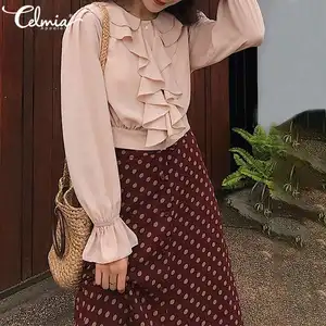 Женские шифоновые рубашки размера плюс Celmia, блузки с длинным рукавом, повседневные свободные однотонные Блузы с оборками и круглым вырезом, 5XL