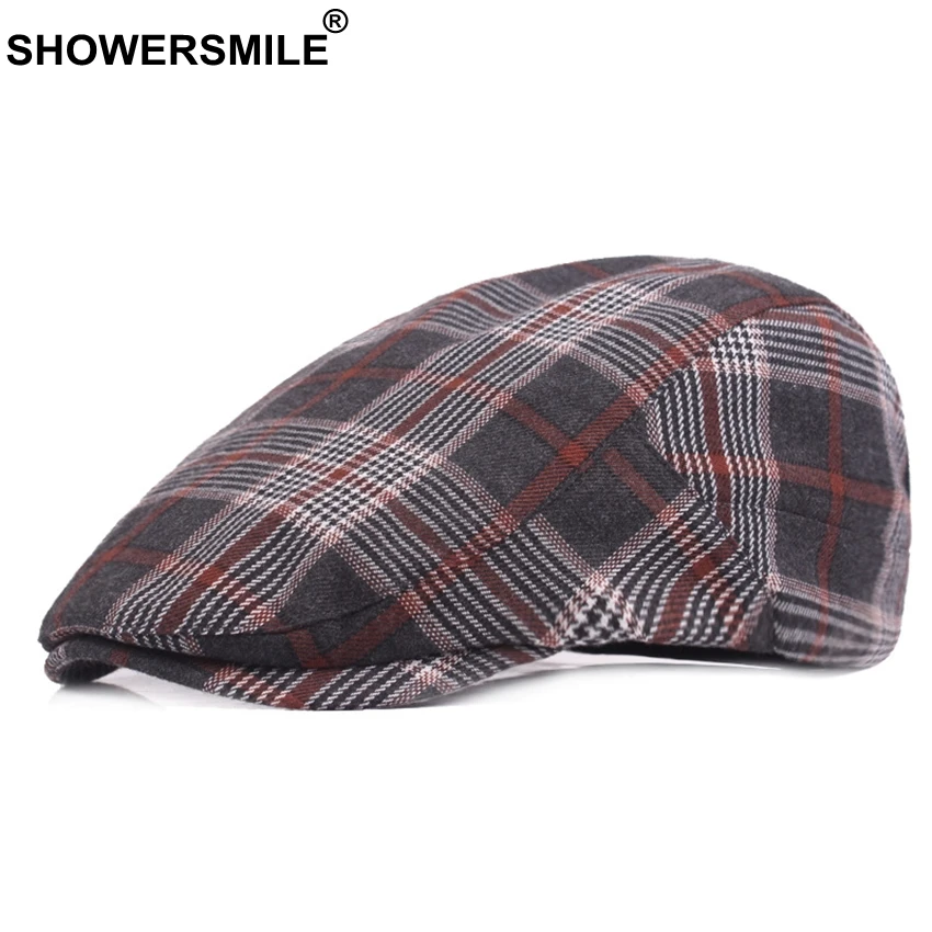 SHOWERSMILE Красный Клетчатый Берет Головные уборы для мужчин и женщин клетчатые плоские шапки хлопковые береты мужские классические винтажные регулируемые шапки в британском стиле