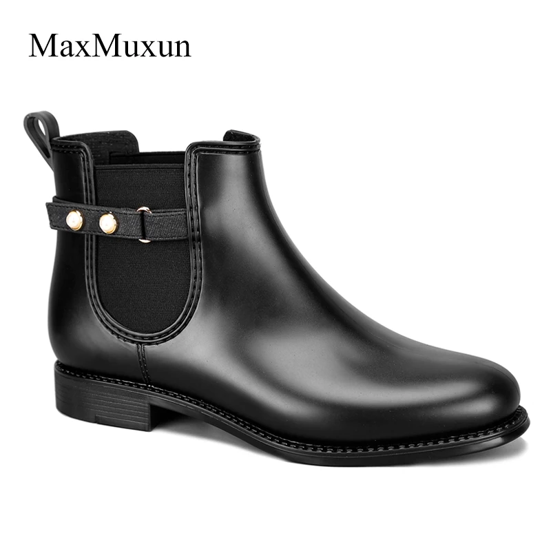 Black-Bead MaxMuxun/женские резиновые ботильоны; непромокаемые сапоги с Черной Бахромой; повседневные Зимние ботиночки; Женская водонепроницаемая обувь без застежки на массивном каблуке - Цвет: Black-Bead