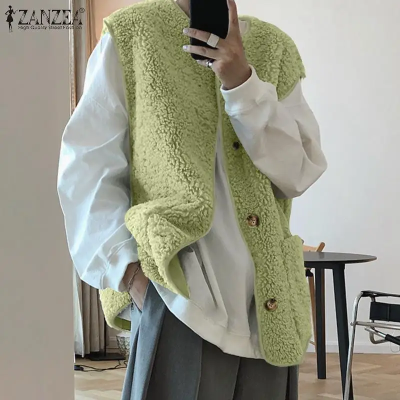

Весна 2022, теплая верхняя одежда в стиле Харадзюку ZANZEA, женский жилет из овечьей шерсти, повседневные однотонные свободные пальто без рукаво...
