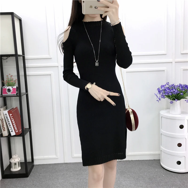 Холодное плечо 2019 трикотажное мини платье с длинными рукавами для женщин