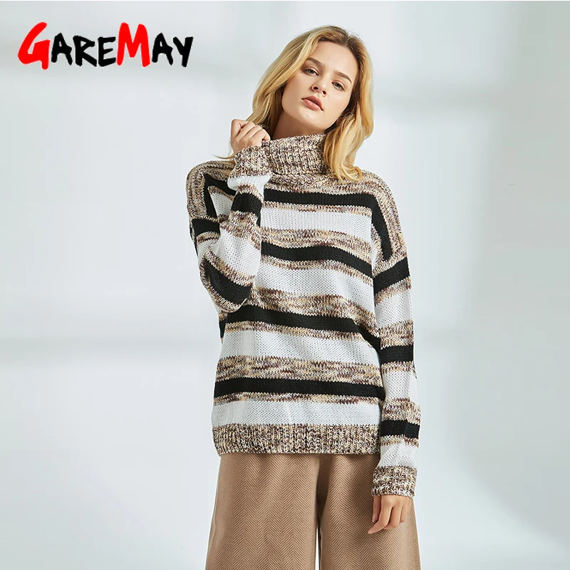 Женский свитер с длинным рукавом и высоким воротником свободный в полоску