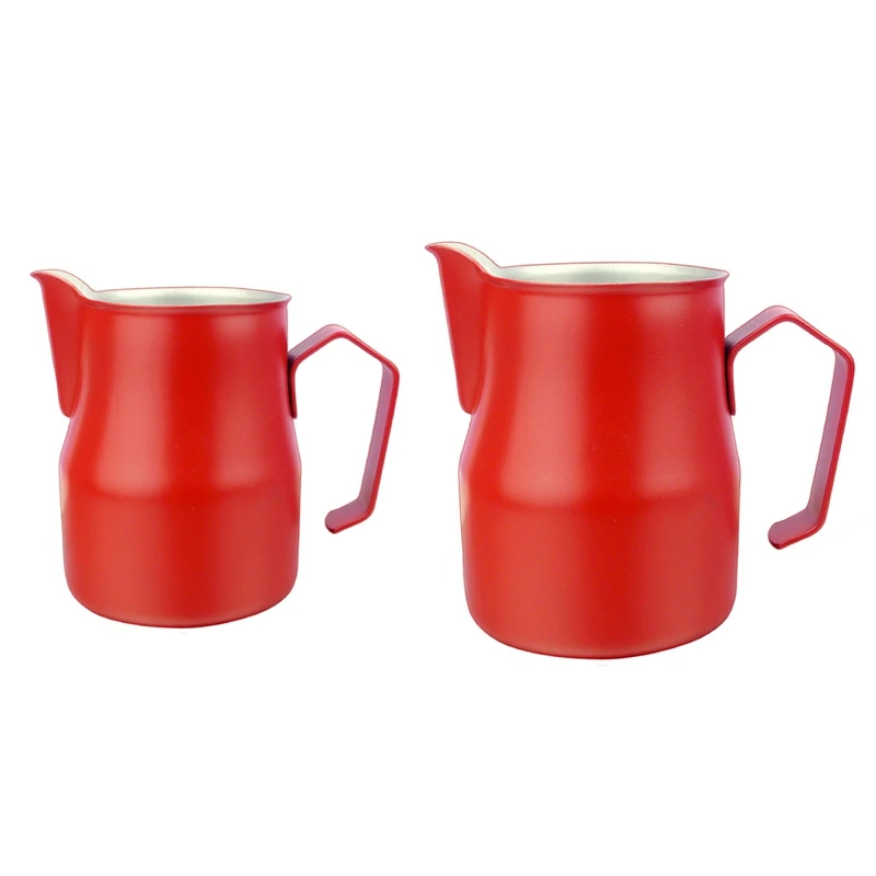 

2 Pcs Stainless Steel Espresso Latte Art Milk Frothing Pitcher Steaming Kettle Froth Container-Red, 500Ml & 350Ml