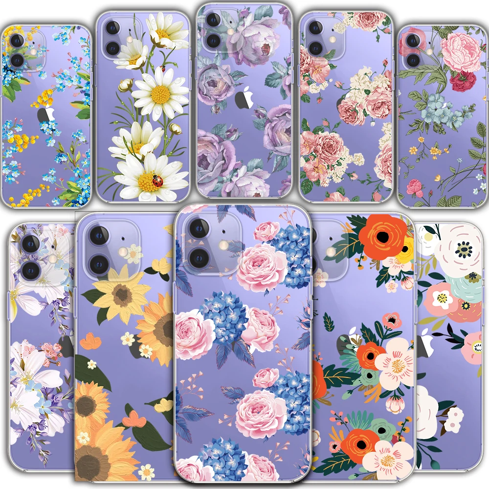 

iPhone 12 Mini 11 Pro Max Girl Transparent Silicone Phone Case XR 7 8 Plus X S SE 2020 Pink Peach Blossom Protective Back Cover