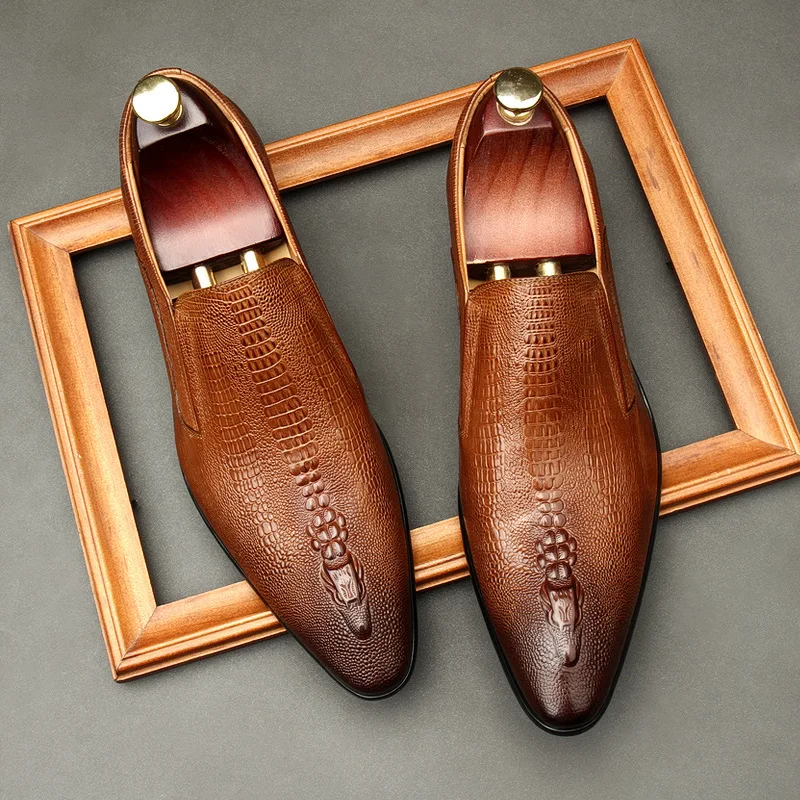 

Mens Wedding Oxford Shoes Black Khaki Genuine Leather Men's Dress Shoes Slip On Business Formal Shoes
