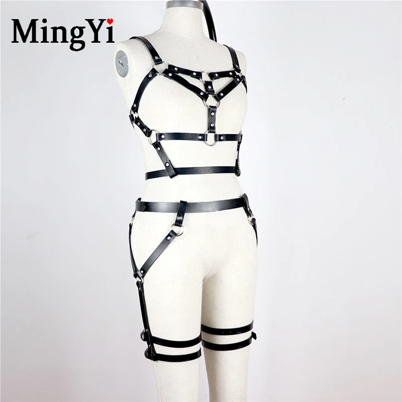 БДСМ кожа полный тело жгут открытый бюстгальтер ноги Подвязки Пояс набор для женщин Готический сексуальный клетка грудь связывание ремни Пояс эротическое белье