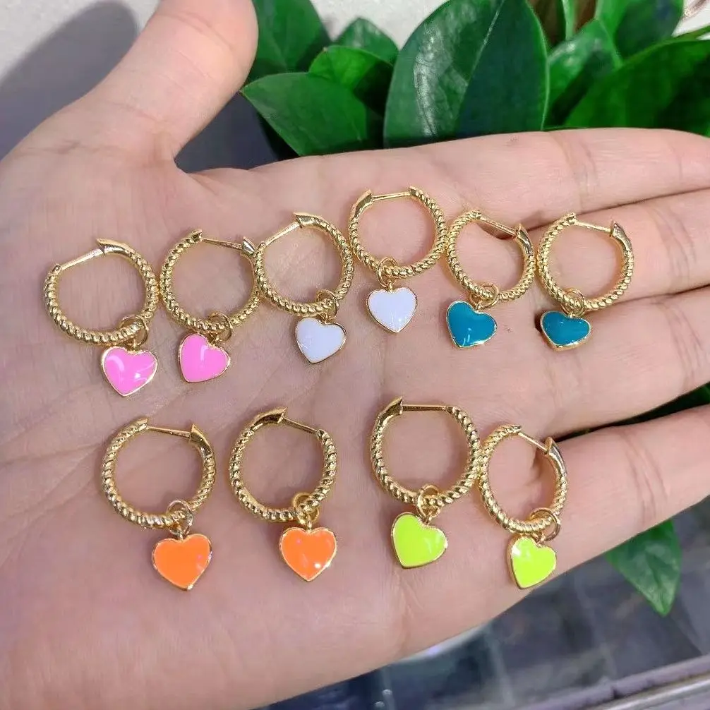 

5Pairs, Fashion Rainbow Color Enamel Heart Shaped Design Drop Earrings Cute Dainty Heart Huggie Earrings Trendy 2021