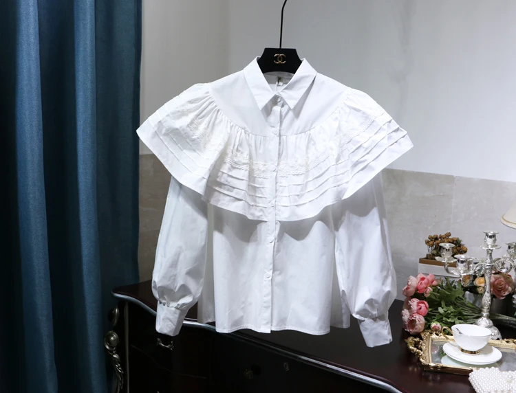 

Korean Style Cotton Peter Pan Collar Lace Stitching Doll Shirts Solid Color Large Ruffled Loose Lantern Sleeve Women's Blouse