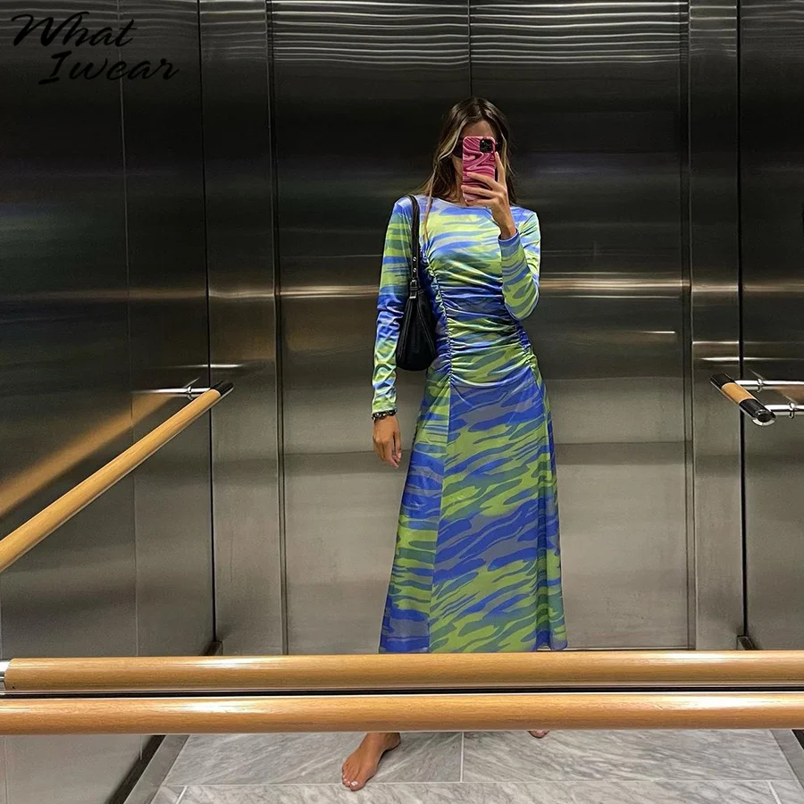 

Whatiwear Stripe Print Vintage Maxi Dresses Women Elegant Ruched Long Sleeve O-neck Bodycon Stretch Vestidos Streetwear Skirt