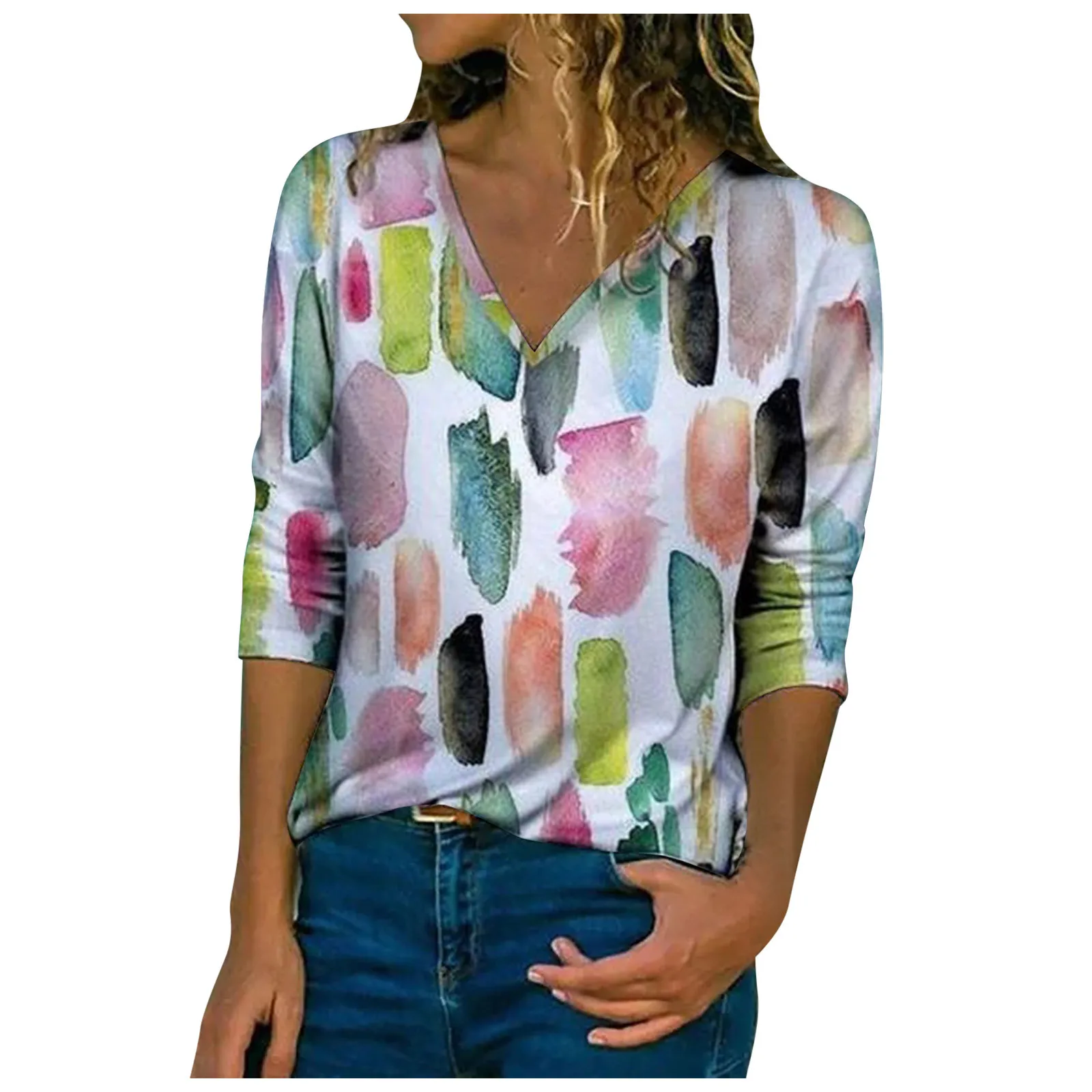 

Женская Осенняя блузка, модные блузки с V-образным вырезом и принтом в виде перьев, повседневный свободный Дамский топ с длинными рукавами, м...