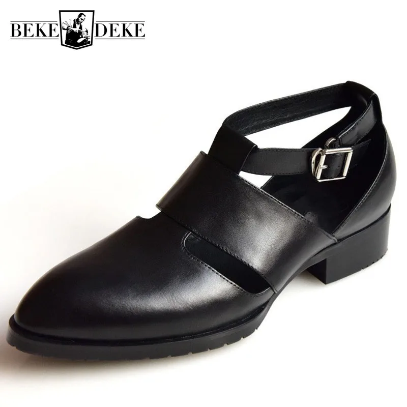 Fashion Mens Hollow Out Pointed Toe Sandals Buckle Genuine Leather Block Heels Shoes Men Rome Gladiator | Обувь
