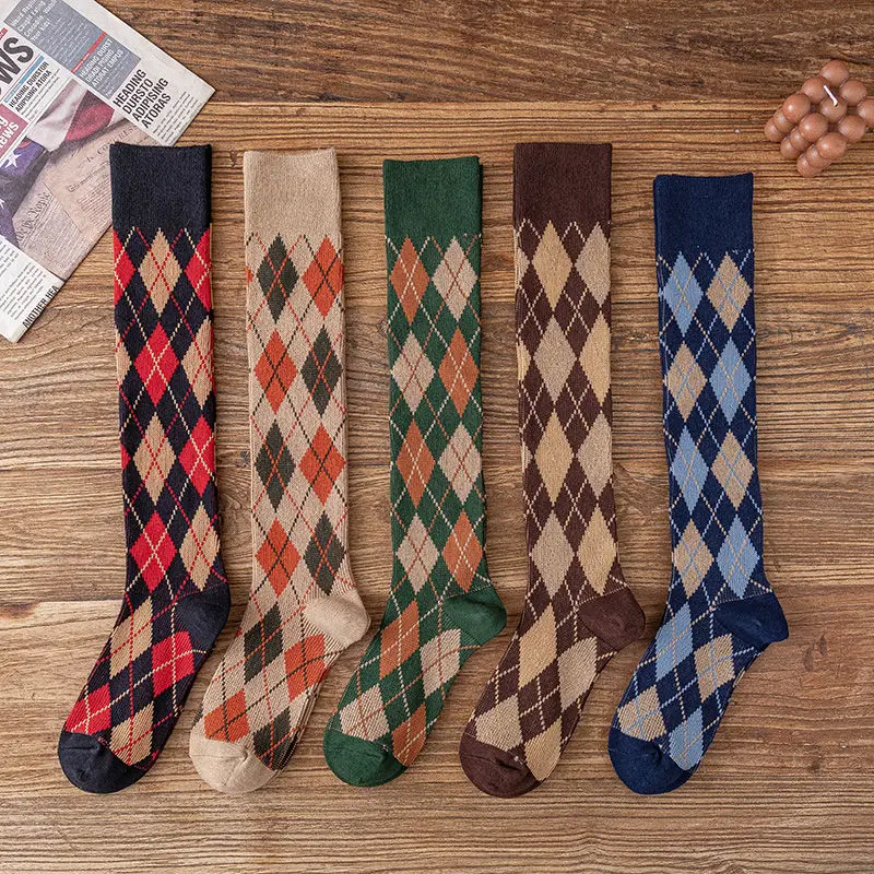 

Houndstooth Retro Diamond High Cotton Socks Autumn and Winter Women Warm and Sweet Japanese Calf Socks Stockings