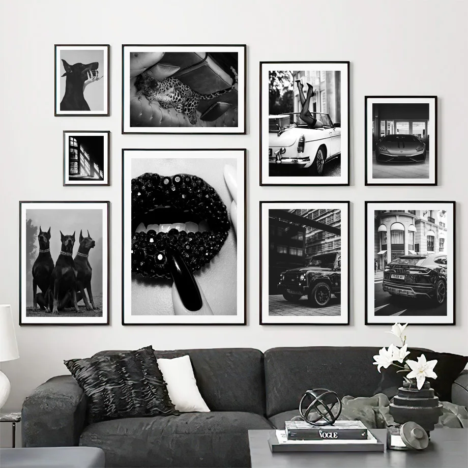 

Luxury Car Lips Doberman Leopard Black White Wall Art Canvas Painting Nordic Posters And Prints Wall Pictures Living Room Decor