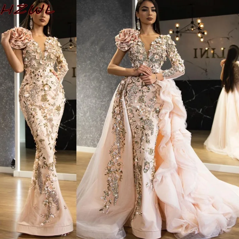 

Major Beads Overskirts Prom Dresses One Shoulder Mermaid Evening Dress Detachable Train Crystals Beads Ruffles robe de soiree