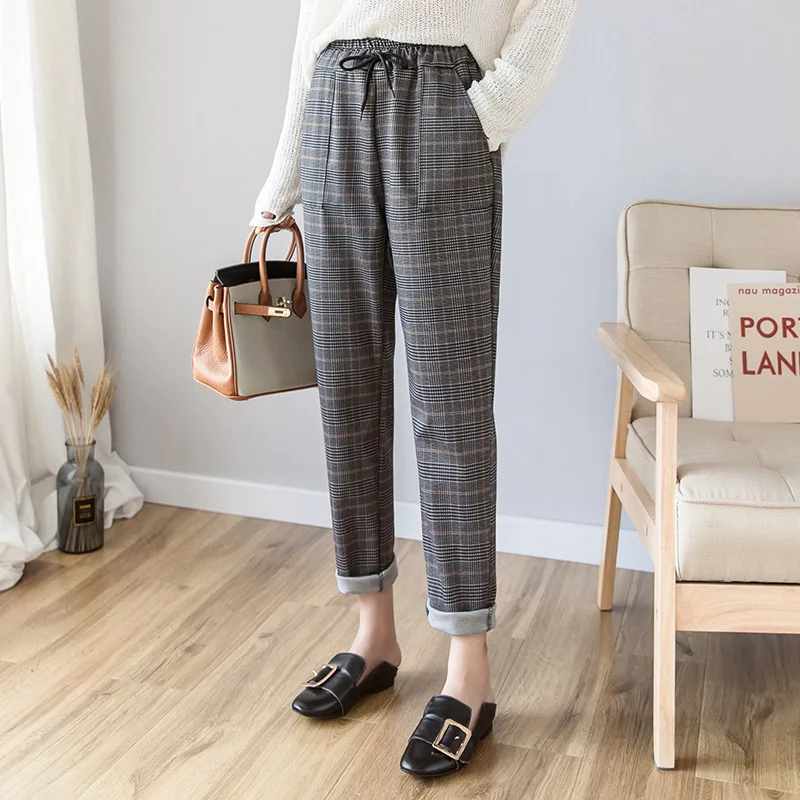 

Vintage Plaid High Waist Trousers Female Autumn Cotton Ankle Length Loose Pencil Women's Pants Harajuku Harem Pantalon Femme