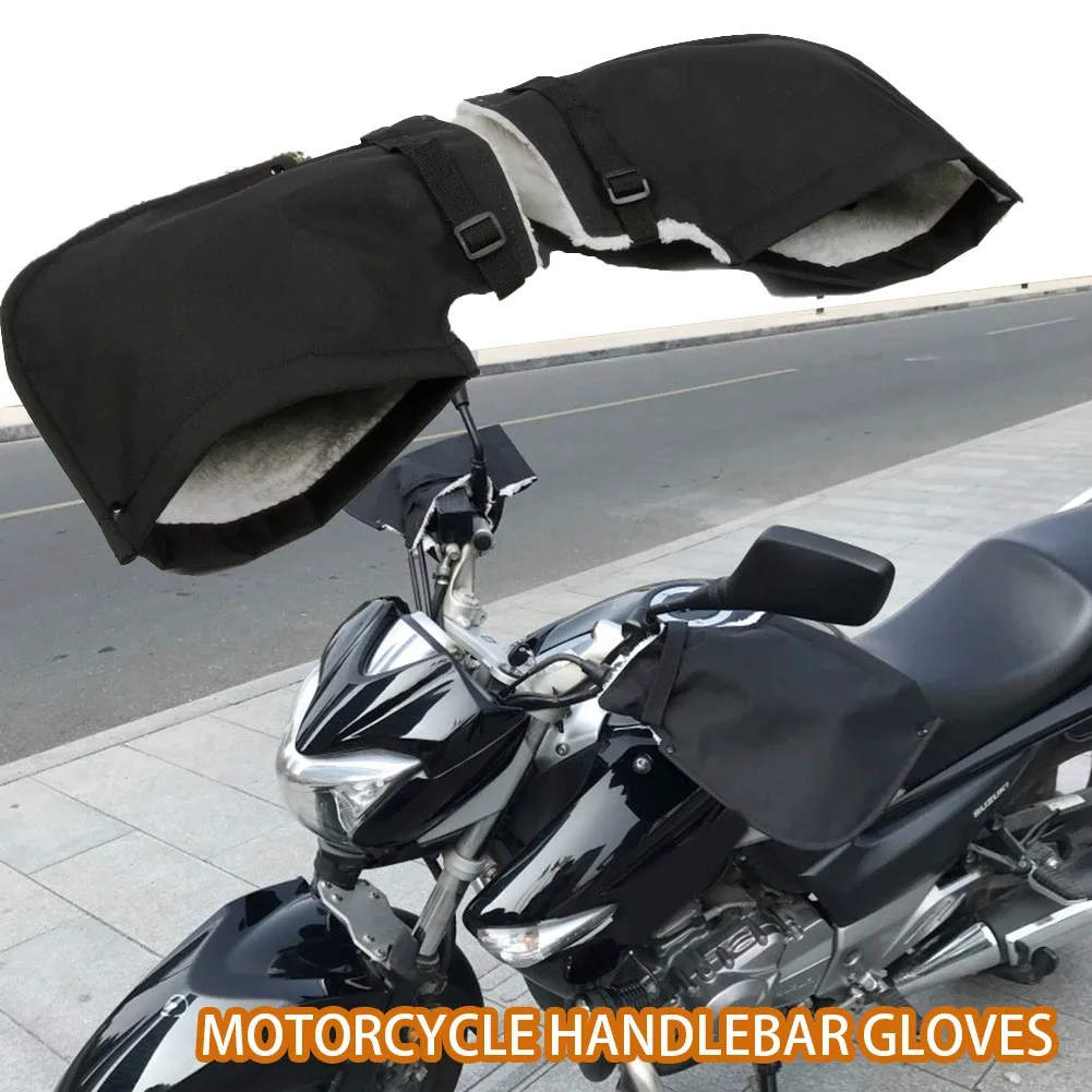 

A Pair Motorcycle Grip Cover Cold Protection Gloves Plus Velvet 600D Oxford Cloth Lambskin Black Motorcycle Handlebar