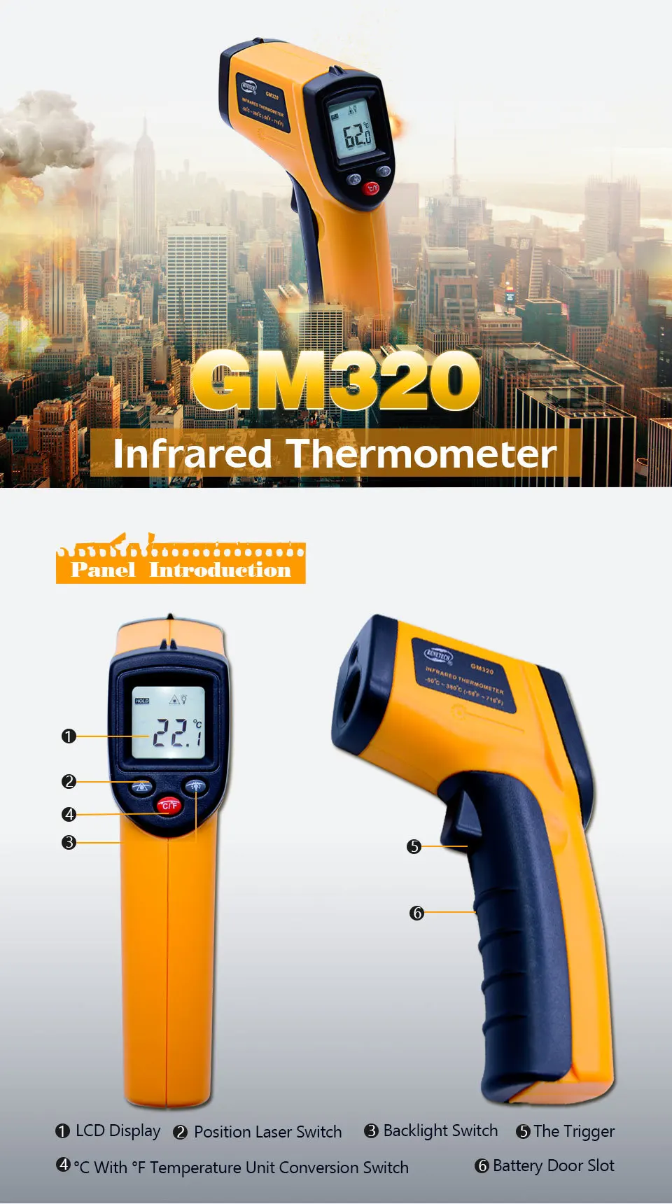 BENETECH цифровой lcd Бесконтактный температурный пистолет GM320 лазерный ИК инфракрасный термометр точечный-50~ 380 градусов