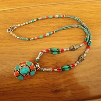 nk239 nepal jewelry colorful stone oval or round pendant necklace ethnic tibetan lapis coral beaded women necklace