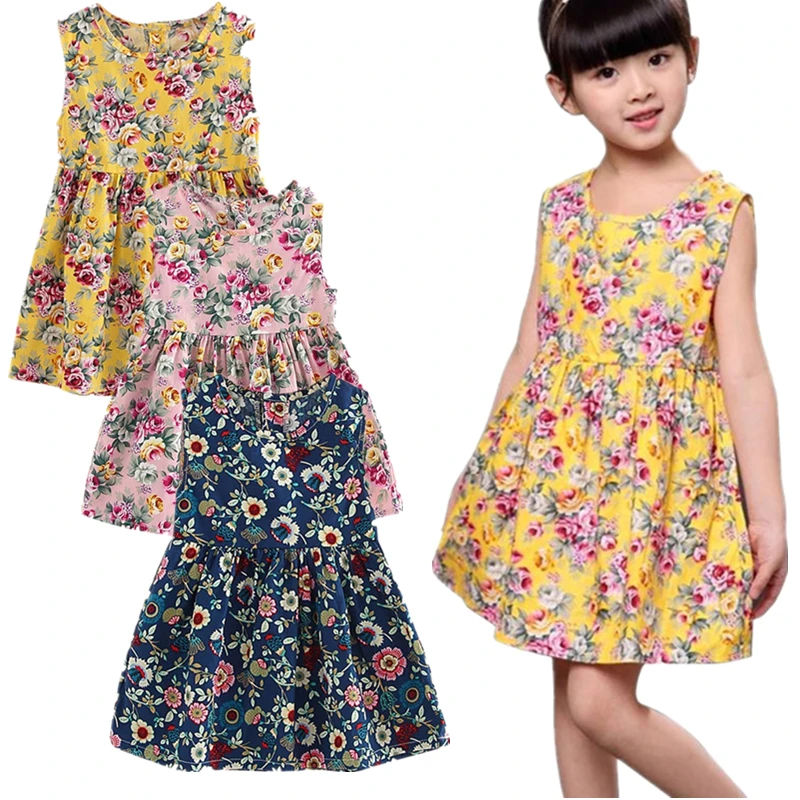 Детское платье из хлопка и льна без рукавов с цветочным принтом | Детская одежда