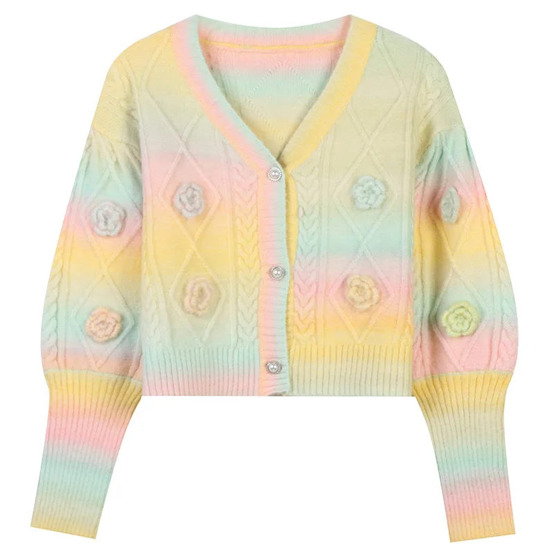 

High Quality V-Neck Long-Sleeved Short Rainbow-Colored 3D Floral Embroidery Loose Knit Cardigan Coat Korean Clothes 2021 New