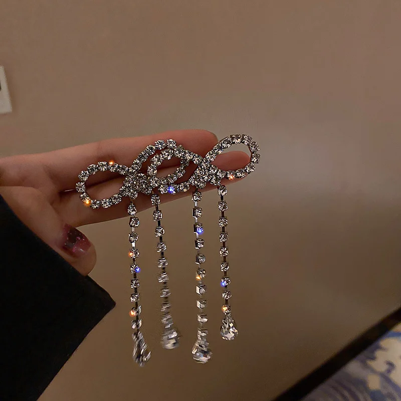 

925 silver needle bowknot full diamond earrings simple long Tassel Earrings star same fashion and personality earrings for women