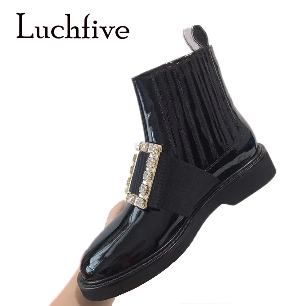 Ботинки Челси со стразами и пряжкой длинные черные ботинки из лакированной кожи