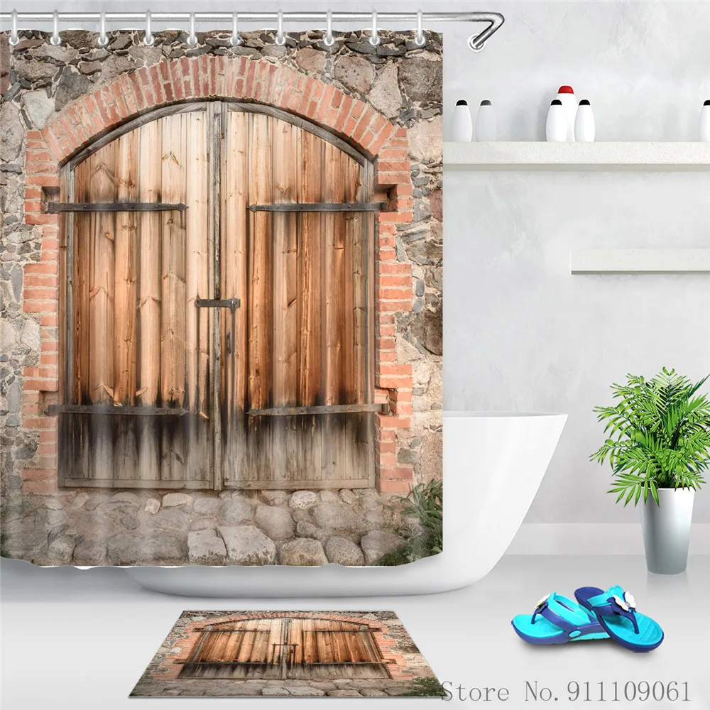 

Модные деревянные двери принт душевая занавеска полиэстер ткань Водонепроницаемый полиэстер с защитой от Ванная комната декоративная пер...