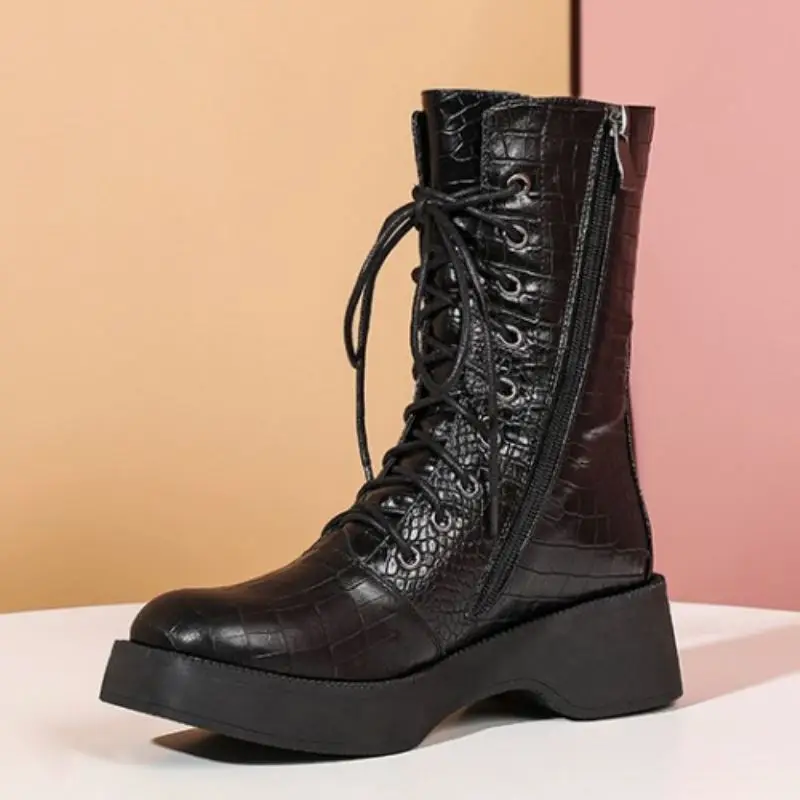 

RIZABINA Real Leather Women Mid Calf Boots Zipper Round Toe Cross Strap Shoes Warm Boots Women Fashion Payty Footwear Size 34-40