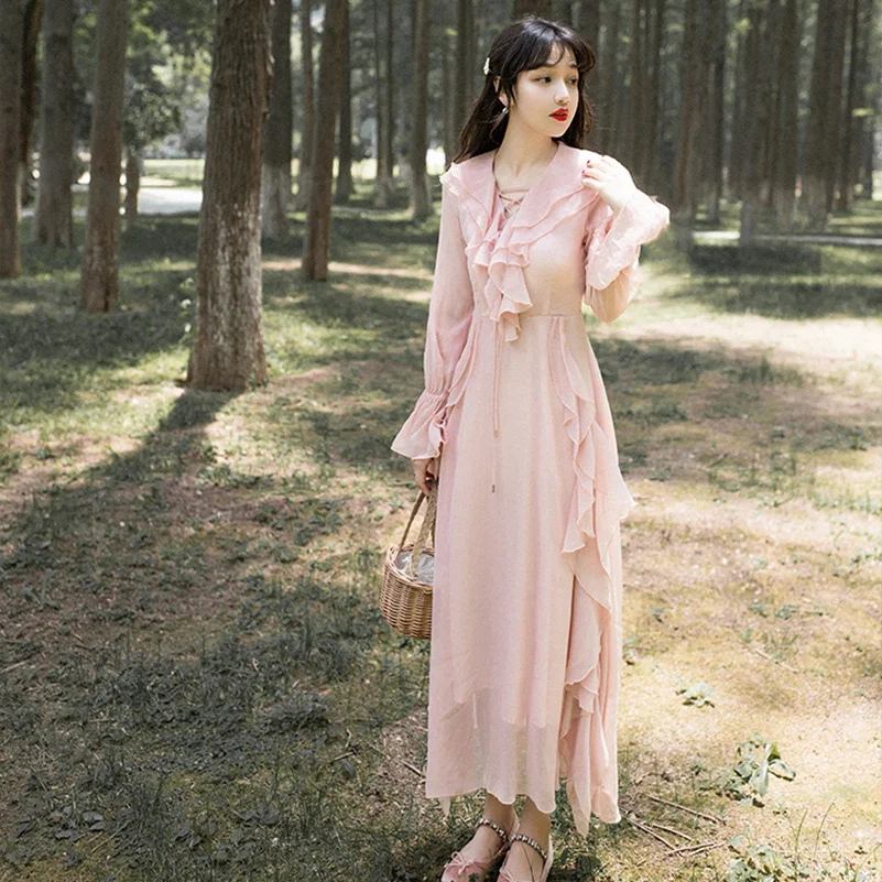 Женское винтажное платье YAMDI boho однотонное розовое элегантное трапециевидной