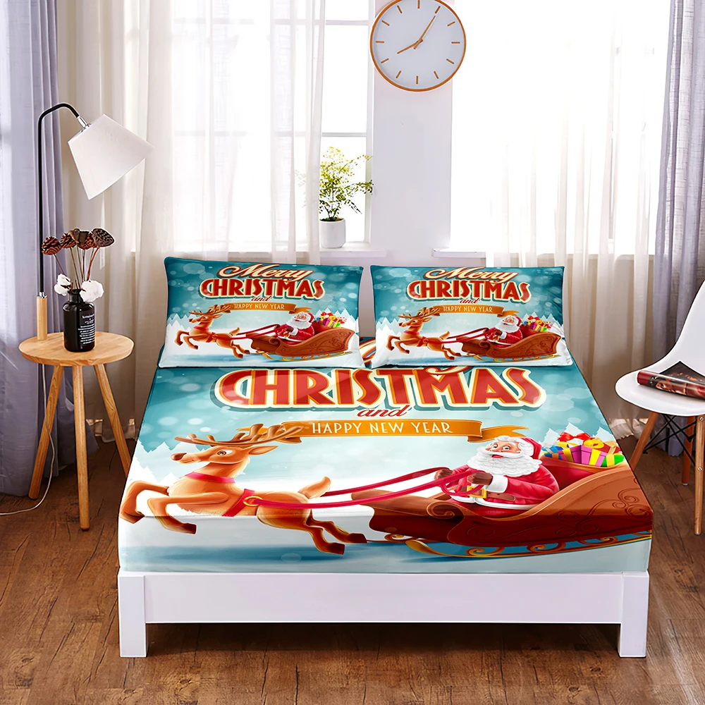 

Christmas Sleigh Digital Printed 3pc Polyester Fitted Sheet Mattress Cover Four Corners with Elastic Band Bed Sheet Pillowcases