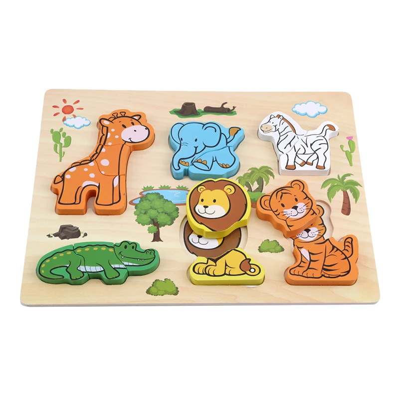 

Baby Newbron Montessori Wooden Puzzle Toys Hand Grab Board Early Educational Toy Cartoon Animal Puzzle Kids