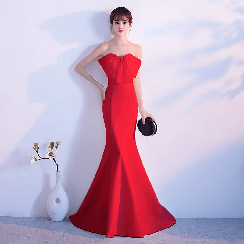 

Sexy Strapless Fishtail Long Mermaid Evening Dresses Front Bow Palace Prom Gown Formal Special Occasion Gowns