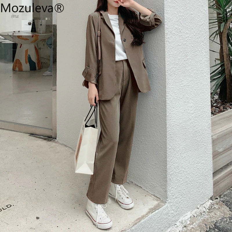 Mozuleva 2020 Notch Collar Single-button Women Slim OL Blazer&ampHigh Waist Pockets Straight Suit Pants Two Pieces Business Suits | Женская
