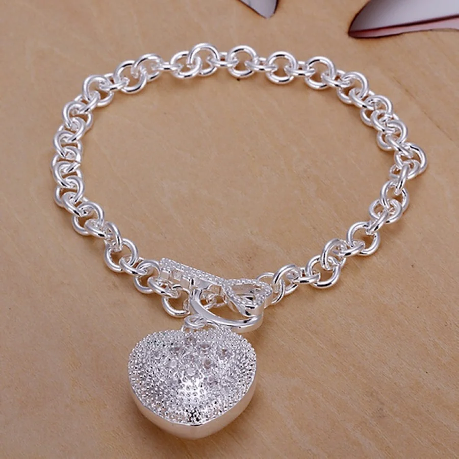 

925 Sterling Silver Bracelet for women 8inches popular valentine gift beautiful Jewelry romantic inlaid stone heart Bracelets